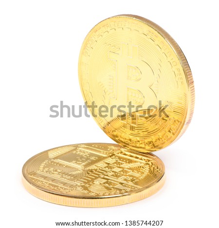 Golden bitcoin isolated on white background. Front and back sides are shown. High resolution photo.  Full depth of field.