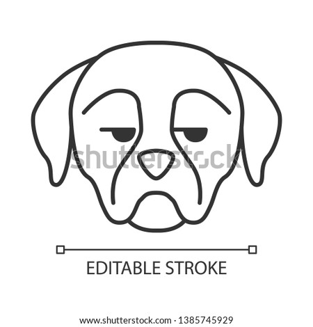 Rottweiler cute kawaii linear character. Thin line icon. Dog with unamused muzzle. Unhappy domestic doggie. Animal with eyes looking to side. Vector isolated outline illustration. Editable stroke