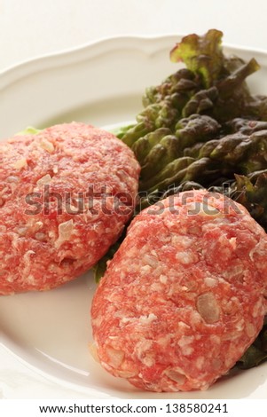 raw hamburger on dish for prepared food ingredient image