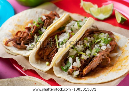 Traditional mexican beef barbacoa tacos on colorful background