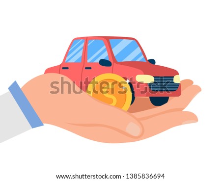 Car Dealership Service Flat Vector Illustration. Salesman Hand Holding Golden Coin and Miniature Sedan. Automobile Shop, Rental. Transport Showroom, Lease Center. Vehicle Insurance Business