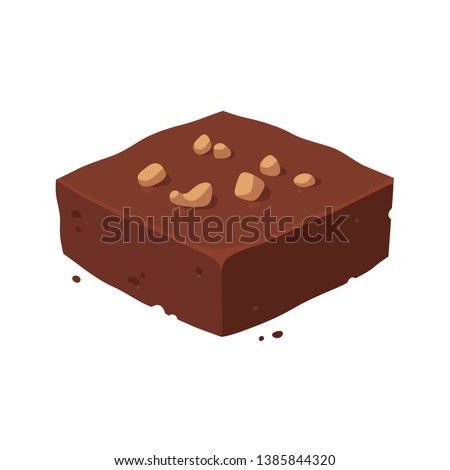 Chocolate fudge brownie square with nuts. Isometric piece of cake, vector clip art illustration.