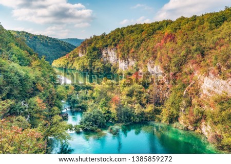 Plitvice Lakes National Park beautiful colorful autumn - fall scenery with waterfalls , creeks and ponds