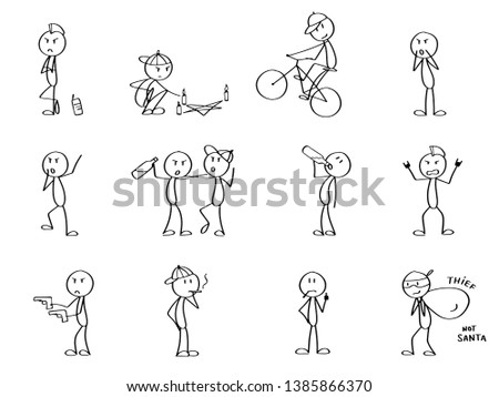 Set of mad crazy stick men, smoking, drinking and being reckless. Bikers and punks, rule breakers. Funny cute characters for a presentation, website or info graphics design.  Royalty-Free Stock Photo #1385866370