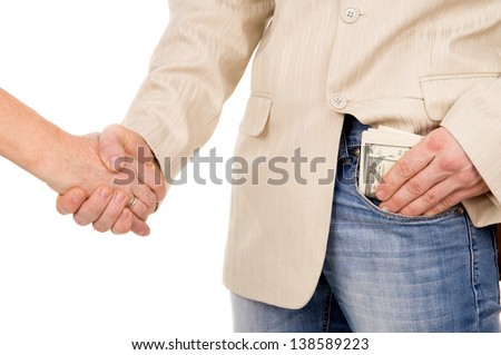 the man agreed about the bribe and puts it in his pocket isolated on white background