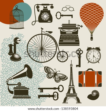 Ephemera - Set of design elements and vintage symbols of the old era, including typewriter, old telephones, gramophone with tube, keys and suitcase