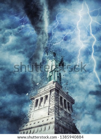 The Statue of Liberty during the heavy storm, rain and lighting in New York, creative picture.