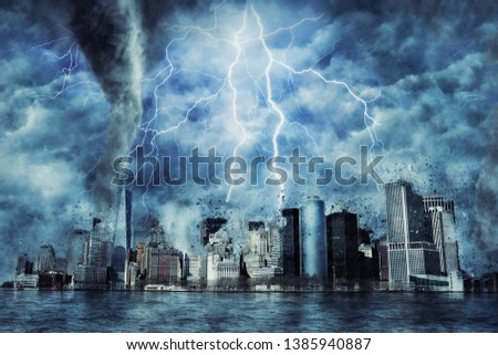 New York City during the heavy storm, rain and lighting in New York, creative picture.