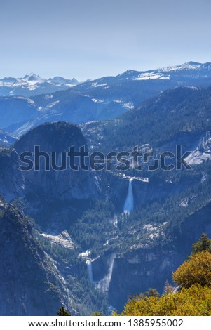 View of Vernal Fall and  Nevada Falls, the Mist Trail, from Glacier Point in summer, Yosemite National Park, California
