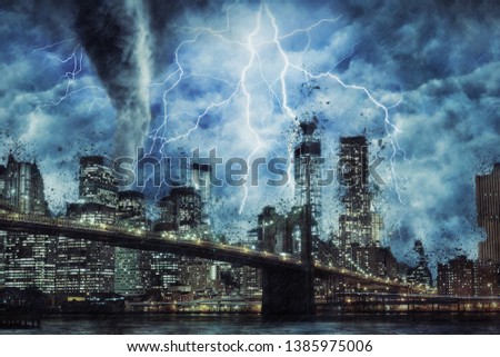 New York City and Brooklyn Bridge during the heavy storm, rain and lighting in New York, creative picture.