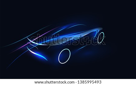 Abstract Futuristic Neon Glowing Concept Car Silhouette. Automotive template for your banner, wallpaper, marketing advertising. Vector illustration.