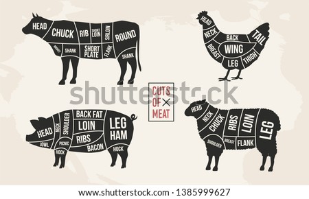 Set of Meat diagrams. Cuts of meat. Cow, Chicken, Pig and Sheep silhouette. Vintage Posters for groceries, butcher shop, meat store. Vector illustration Royalty-Free Stock Photo #1385999627