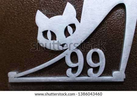 number ninety-nine and a cat on the metal front door close-up