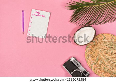 summer plan, camera, hat,  on a pink background top view