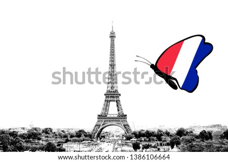 Black and white photo of Paris panorama with a view of the Eiffel Tower with butterfly around in the colors of the national flag of France. Isolated on white background.