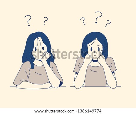 Two girls are sitting at the desk and thinking about chin. hand drawn style vector design illustrations. 