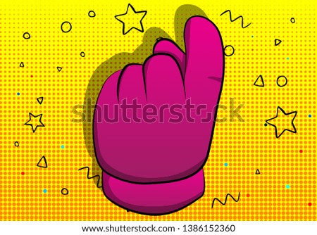 Vector cartoon hand showing invitation sign. Illustrated hand sign on comic book background.