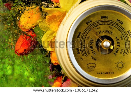 Barometer, rainy weather, water drops on the glass on the background of summer garden flowers. Barometer instrument for measuring atmospheric pressure, it can be used to predict the weather. Royalty-Free Stock Photo #1386171242