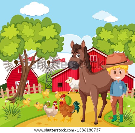Farmer and animals at the farm illustration