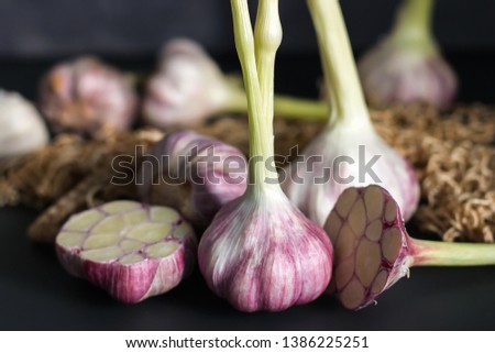 Fresh garlic. Garlic on a black background. Ingredients for cooking with garlic. Farm food. Food stock photography. Healthy food. food photography - Image
