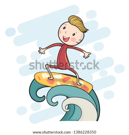 cute drawing surf boy on surfboard floating on big wave