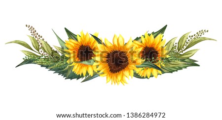 Watercolor floral wreath with sunflowers, leaves, foliage, branches, fern leaves, and place for your text. Perfect for weddings, invitations, greeting cards, print. Autumn’s sunflowers bouquet.