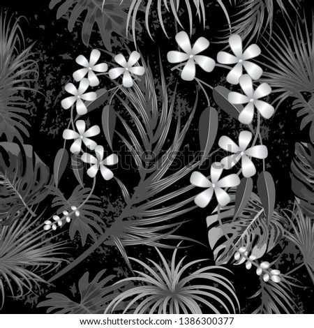 Tropical vector seamless pattern. Botany design, jungle leaves of palm tree and flowers. Black and white background.