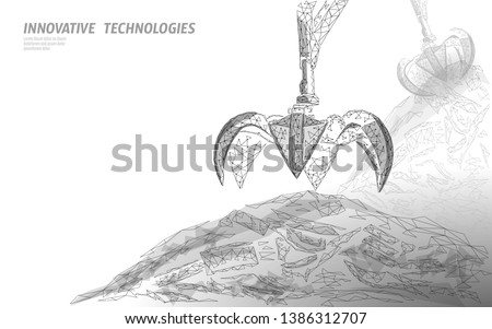 3d Waste crane arm claw. Low poly polygonal garbage landfill industrial eco banner. Planet global pollution grabber ecology vector illustration