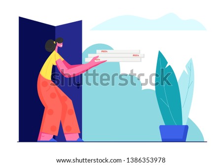 Young Woman Holding Pile of Italian Pizza Boxes Standing at Doors of Home. Food Order Delivery Service, Meal Shipping to Address of Destination, Girl Get Pizza to Eat. Cartoon Flat Vector Illustration