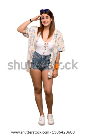 Full-length shot of Young woman in bikini in summer holidays has just realized something and has intending the solution over isolated white background