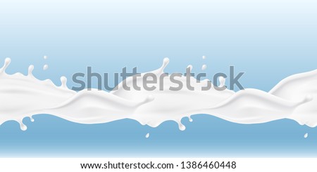 Milk splash seamless pattern. 3d realistic yogurt wave border. Vector milk package design. Royalty-Free Stock Photo #1386460448