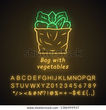 Bag with vegetables neon light icon. Organic, healthy food. Natural products. Eco farming. Environmentally friendly bag. Glowing sign with alphabet, numbers and symbols. Vector isolated illustration
