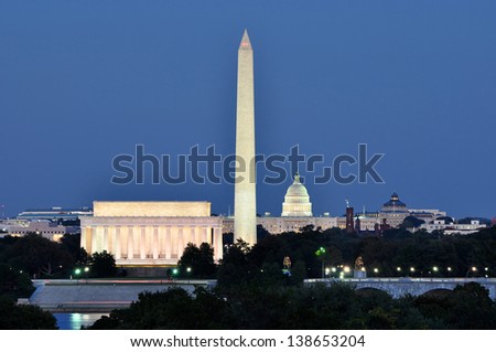 Washington DC skyline including Lincoln Memorial, Washington Monument and US Capitol building as seen from Arlington,Virginia.