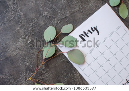 calendar with eucalypt leaves and flowers on gray background. May 2019. Concept stylish workplace Flat lay Top view