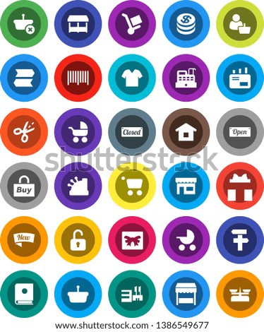 White Solid Icon Set- gift vector, dollar coin, new, open, closed, market, store, mall, customer, buy, barcode, cashbox, basket, cart, home, trolley, mail, catalog, unlock, coupon, baby stroller