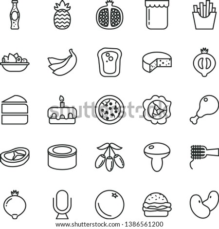 thin line vector icon set - microphone vector, cheese, canned goods, pizza, burger, noodles, mushroom, piece of cake, torte, a plate fruit, chicken leg, bacon, French fries, bottle soda, jam, orange