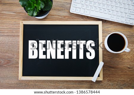 benefits text on board with keyboard
 Royalty-Free Stock Photo #1386578444