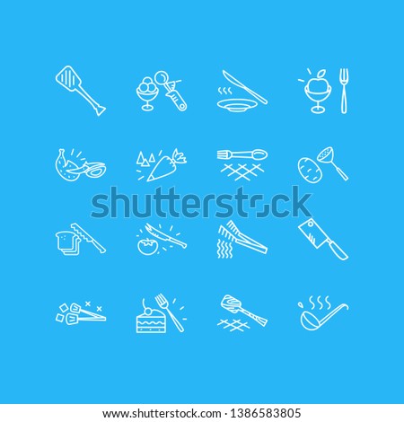 illustration of 16 utensil icons line style. Editable set of ice cream scoop, dessert fork, ice tongs and other icon elements.