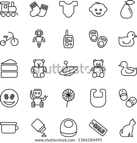 thin line vector icon set - baby powder vector, bib, Child T shirt, rubber duck, duckling, warm socks, toy mobile phone, children's potty, teddy bear, small, hairdo, train, yule, tricycle, lollipop