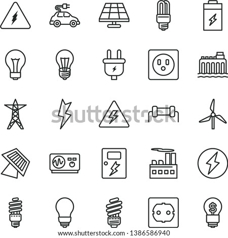 thin line vector icon set - danger of electricity vector, matte light bulb, saving, power socket type f, lightning, dangers, charging battery, solar panel, windmill, hydroelectricity, line, plug Royalty-Free Stock Photo #1386586940
