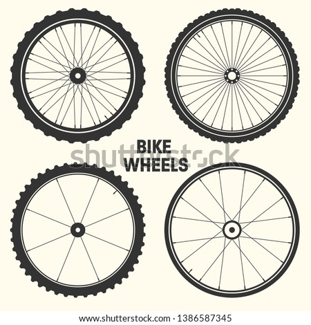 Bicycle wheel symbol vector illustration. Bike rubber mountain tyre, valve. Fitness cycle, mtb, mountainbike.