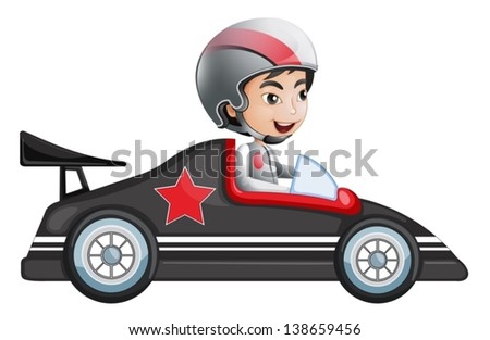 Illustration of a young boy riding in his racing car on a white back ground