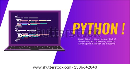 Program code on the laptop screen. Banner flat style. laptop with a code computer language python. Vector illustration 