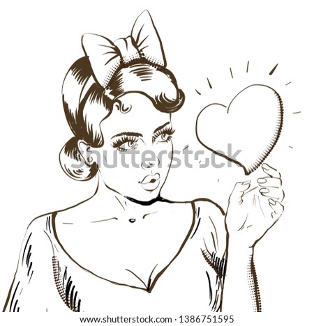Beautiful young Girl with bow and vintage hair style holding big heart, Hand drawn illustration, Vector sketch