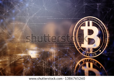 block chain cryptocurrency business strategy ideas concept  bit coin on reflection floor dark color tone with virtual graphic double exposure