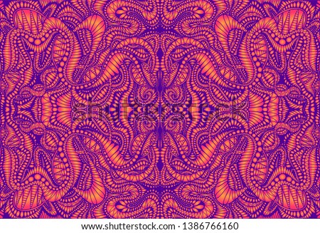 Vintage psychedelic trippy colorful fractal pattern. Gradient neon violet, orange colors. Decorative surreal abstract mandala with maze of ornament shamanic fantasy texture. Vector trance background. Royalty-Free Stock Photo #1386766160
