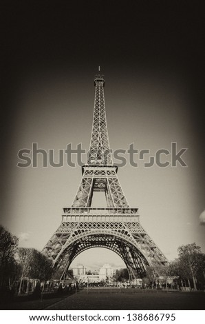 View of Famous Eiffel Tower from Champs de Mars, Paris