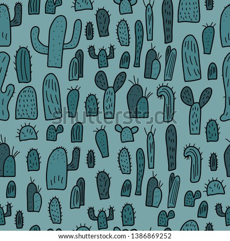 Seamless pattern of cactus design set.  Endless background in doodle style.