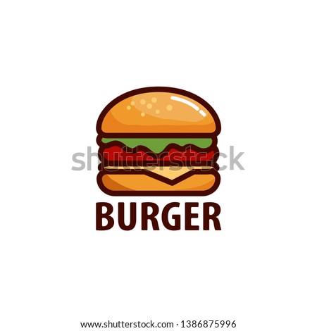 Delicious burger. Flat icon, logo or sticker for your design, menu, website, promotional items Royalty-Free Stock Photo #1386875996