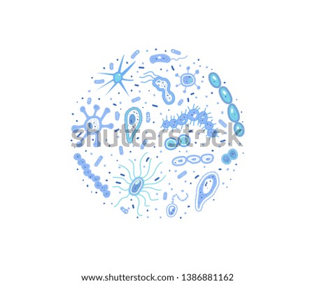 Bacterias cells round badge. Microorganisms collection flat shapes. 